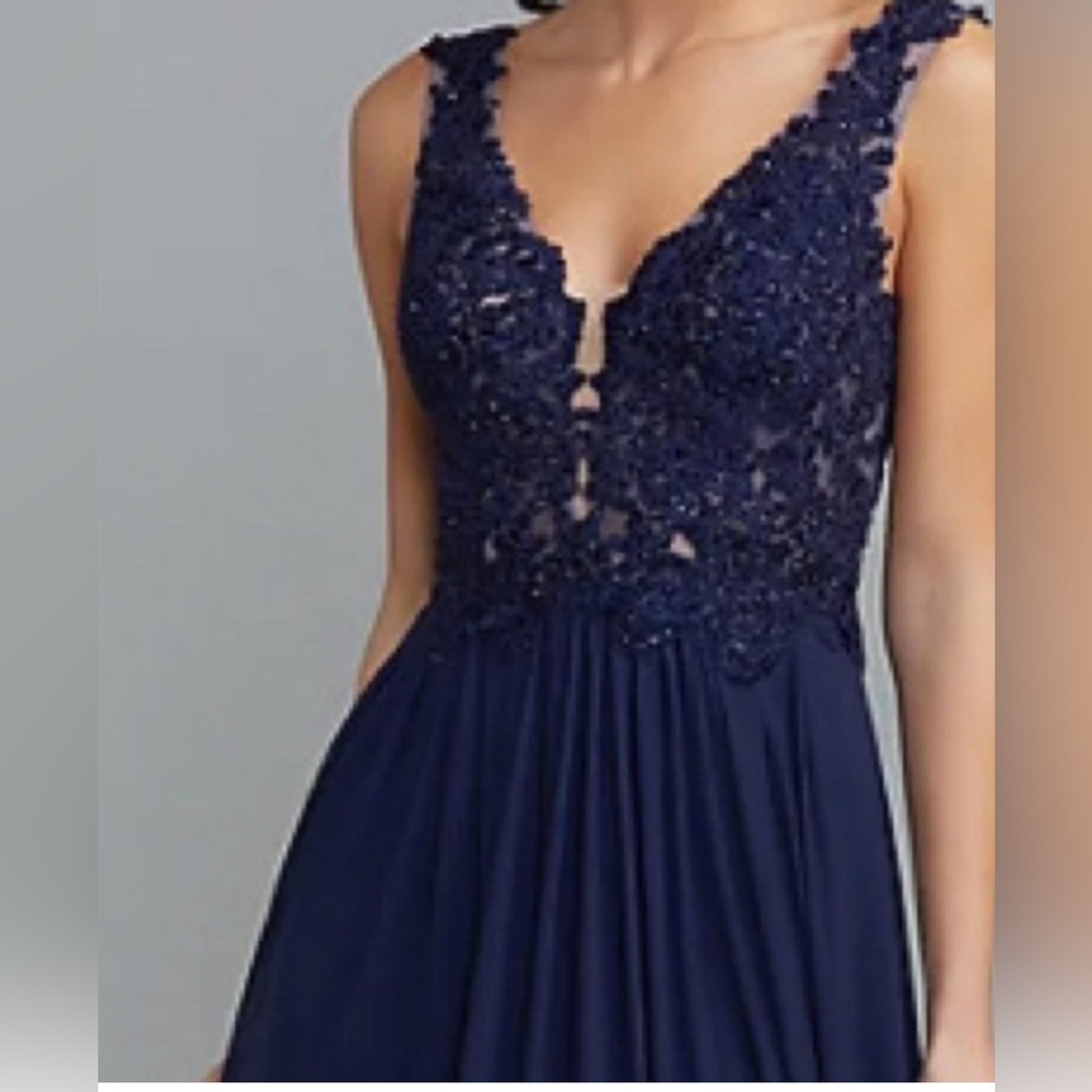 Sherri Hill Elegant Navy Blue Lace Evening Gown - Picture 2 of 8
